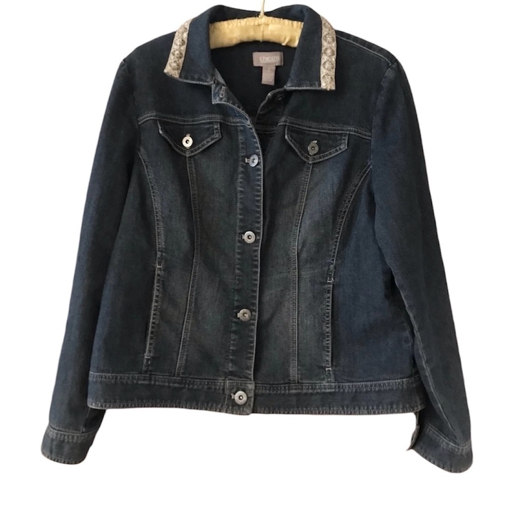 Chico’s Denim Jean Denim Jacket with Embellished Collar Chico Size 1 or size 8